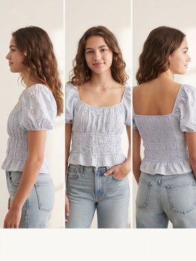 Hollister Light Blue Eyelet Embroidered Peasant Top w Puff Sleeves
